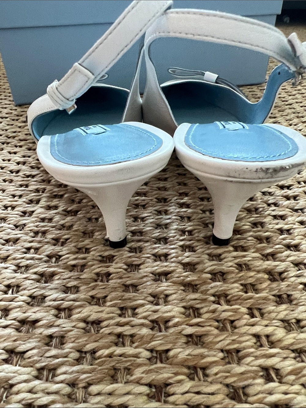 Prada White Leather Pointed Slingback Kitten Heels with Blue Prada Bow! - Picture 7 of 12